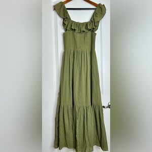 Dotti Olive Green Ruffle Maxi Cottage Core Dress Size Small